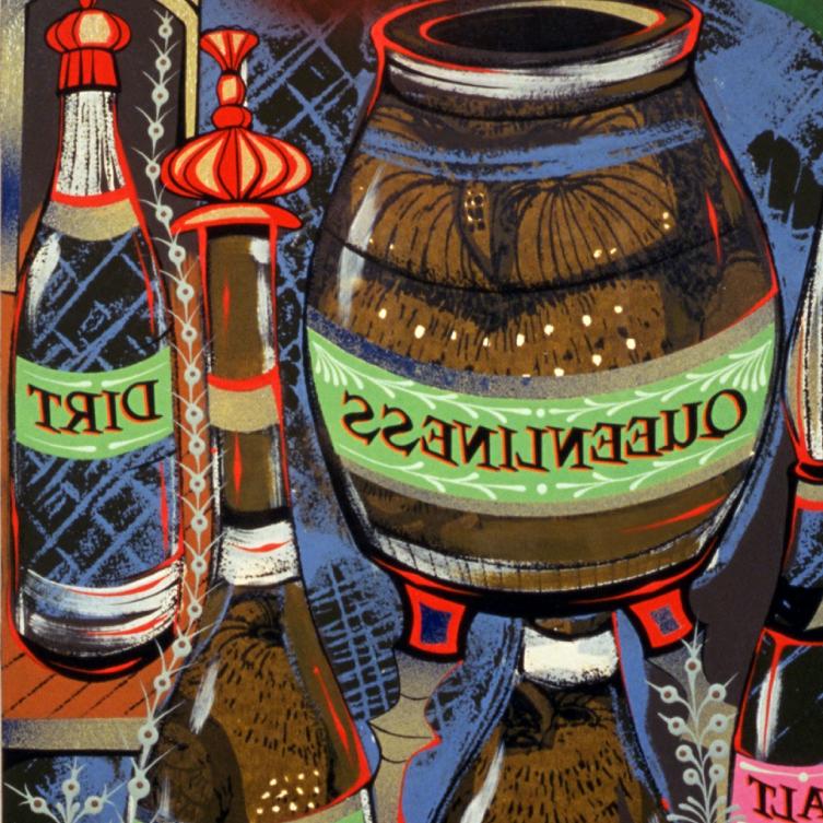 Painting by Lari Pittman that featured bottles labeled "Queenliness"