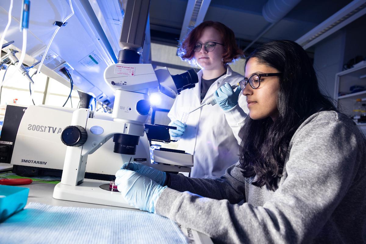 One student with long hair looks into a binocular microscope while another behind her holds a pipette and a test tube.