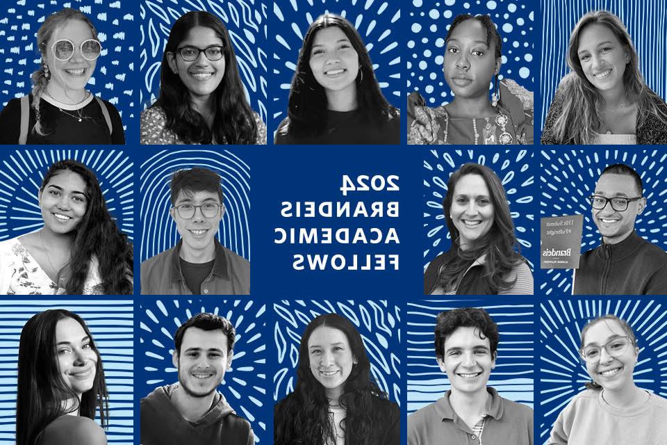 black and white headshots of students on blue squares with white squiggles arranged in a rectangle, with the words 20224 Brandeis academic fellows in the center